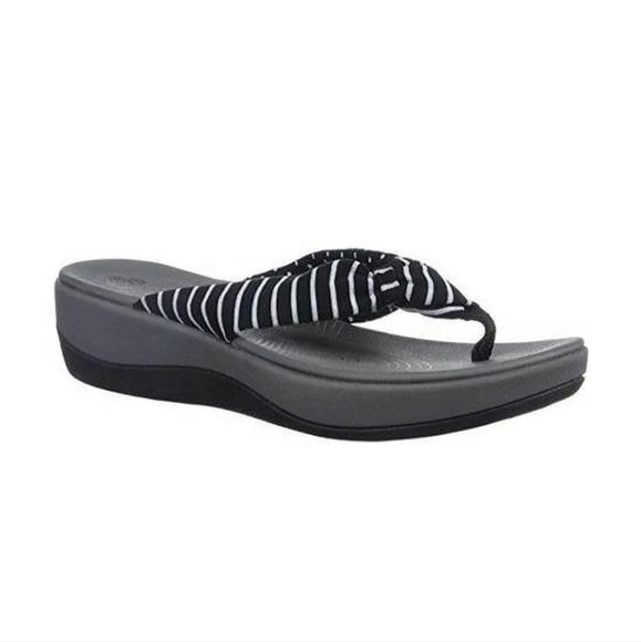 Clarks Cloud Steppers Arla Glison Black And White Striped Thong Sandals Sz 9 - Picture 1 of 16